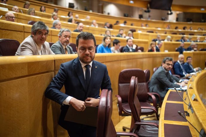 Archivo - El presidente de la Generalitat de Catalunya, Pere Aragonès,  durante la reunión de la Comisión General de las Comunidades Autónomas, en el Senado, a 8 de abril de 2024, en Madrid (España). La reunión de la Comisión General de las Comunidades Au