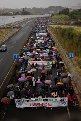 Cientos de personas protestan frente a la fábrica Ence durante una nueva manifestación contra las empresas de celulosa Altri y Ence, a 16 de junio de 2024, en Pontevedra, Galicia.