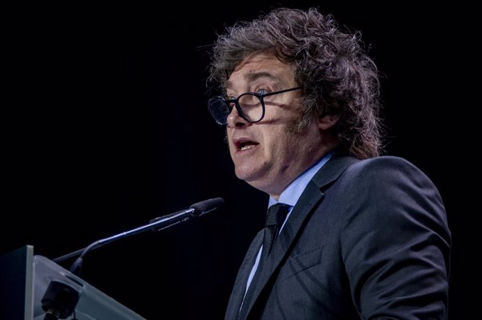 May 19, 2024, Madrid, Madrid, Spain: Javier Milei, president of Argentina and leader of the Argentinian right-wing political party La Libertad Avanza, seen speaking during the political convention Europa Viva 24 organized by the far-right Spanish party VO