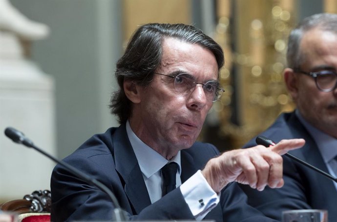 El expresidente del Gobierno José María Aznar durante la presentación del ensayo 'Ramón Menéndez Pidal: El último liberal unitario', escrito por Jon Juaristi, en el Senado, a 3 de junio de 2024, en Madrid (España). La obra ha sido presentada por la Fundac