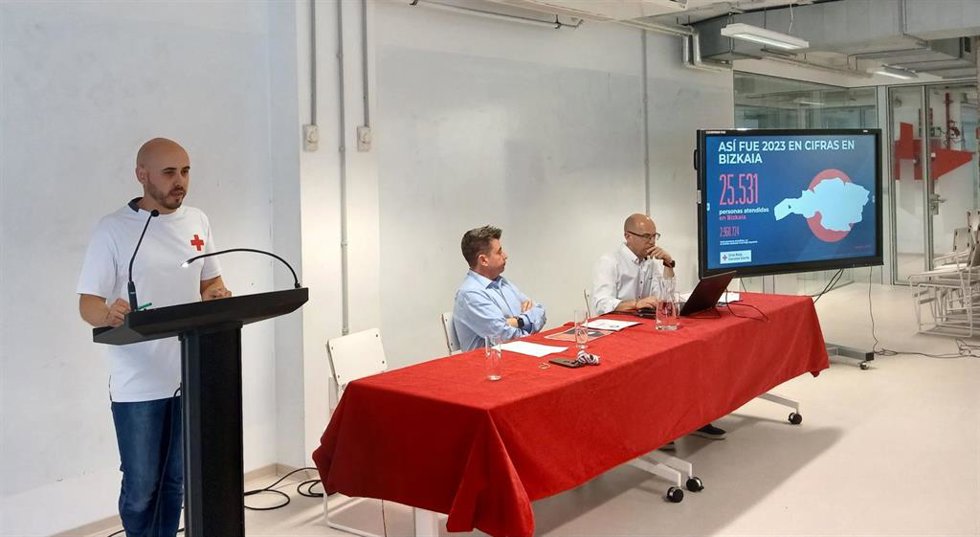 Los responsables de Cruz Roja Bizkaia Guillermo Vázquez, Josu Perón y Manuel Calvo presentan el balance de actividad de 2023.