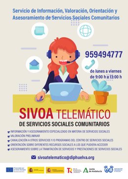 Cartel de la nueva modalidad telemática en la prestación del servicio de información, valoración, orientación y asesoramiento (Sivoa) de la Diputación de Huelva.