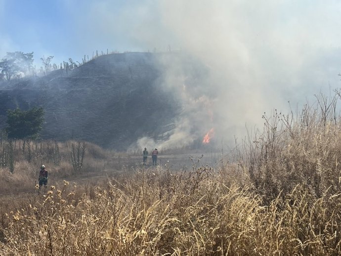 Un incendio de pastos sin heridos deja un gran atasco en una vía de servicio a la A-3, en Valdemingómez