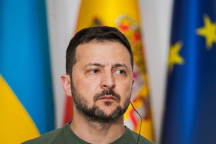 May 27, 2024, Madrid, Spain: President of Ukraine, Volodymyr Zelenskyy, is seen during a press conference at the Moncloa Palace in Madrid. Spain and Ukraine sign a bilateral security agreement: ''Defense, security, peace, and reconstruction are our priori