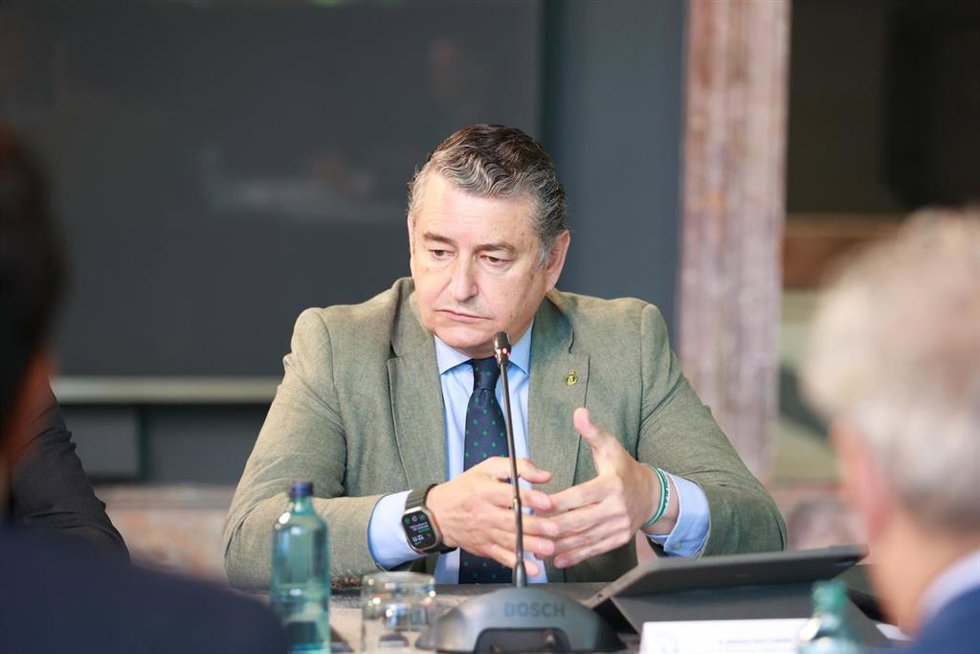 El consejero de Presidencia, Interior, Diálogo Social y Simplificación Administrativa de la Junta de Andalucía, Antonio Sanz, interviene en  la sesión plenaria del Consejo de Comunidades Andaluzas, a 17 de junio de 2024, en Sevilla, Andalucía (España).