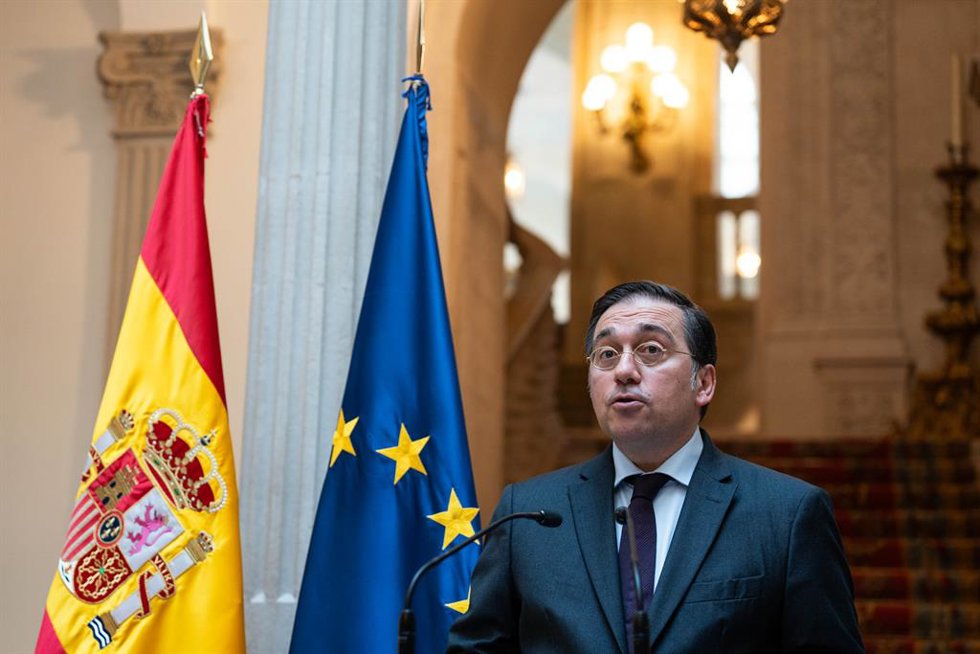 El ministro de Asuntos Exteriores, Unión Europea y Cooperación, José Manuel Albares, durante una rueda de prensa, en el Palacio de Viana, a 6 de junio de 2024, en Madrid (España). El ministro de Asuntos Exteriores, José Manuel Albares, ha anunciado que 