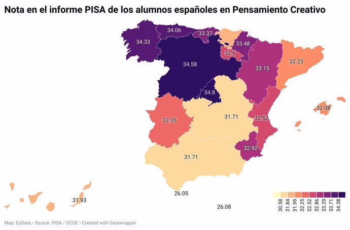 Nota por regiones en Pensamiento Creativo de alumnos españoles en el informe PISA 2022