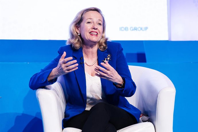 La presidenta del Banco Europeo de Inversiones, Nadia Calviño, durante una conversación en el lanzamiento del programa 'BID for the Americas', en la Casa de América, a 30 de mayo de 2024, en Madrid (España).