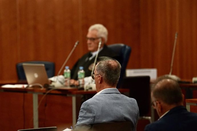 El exalcalde de Estepona, Antonio Barrientos (c), acusado en el caso 'Astapa', en la sesión del juicio en la que el fiscal (al fondo) ha comenzado su informe final.