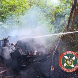 Tres heridos leves al caer un coche por un terraplén y arder en Orión