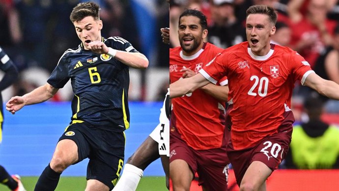 El jugador escocés Kieran Tierney ante Alemania, y los suizos Michel Aebischer y Ricardo Rodríguez, en la EURO 2024.