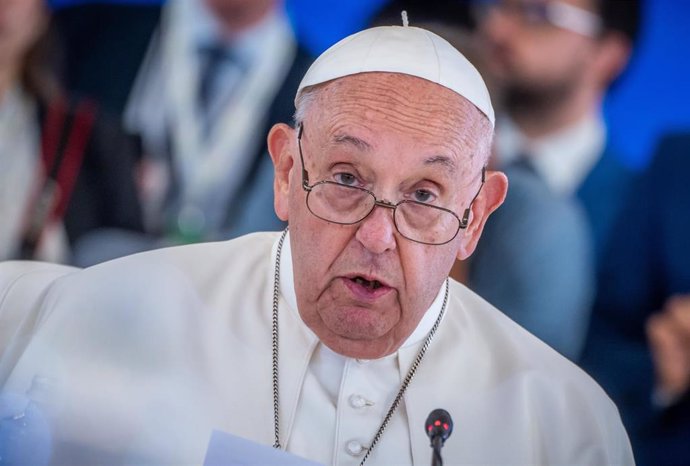 14 June 2024, Italy, Bari: Pope Francis speaks during the G7 leaders' summit at the Borgo Egnazia resort. Photo: Michael Kappeler/dpa