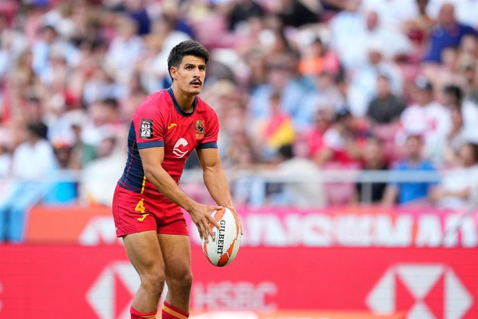 Juan Ramos of Spain in action during the HSBC Rugby SVNS Series match played between Spain and Samoa at Civitas Metropolitano stadium on June 01, 2024 in Madrid, Spain.