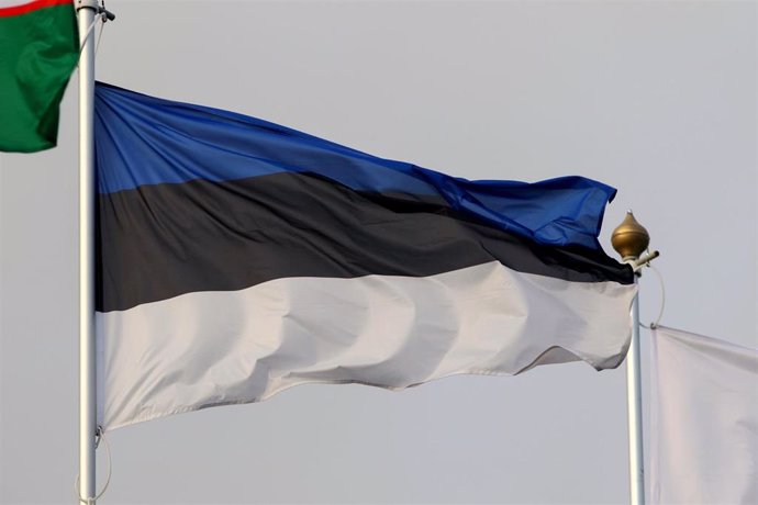 Archivo - November 2, 2023, Saint Petersburg, Russia: The national flag of the Republic of Estonia as a participating country at the 12th St. Petersburg International Gas Forum