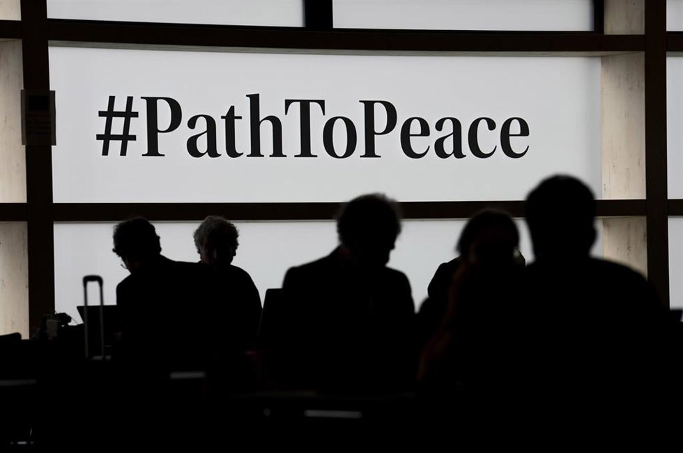 June 16, 2024, Obburgen, Switzerland: Journalists work at the Ukraine peace summit media centre  at the Burgenstock Resort in Obburgen, Switzerland on Sunday, June 16, 2024.