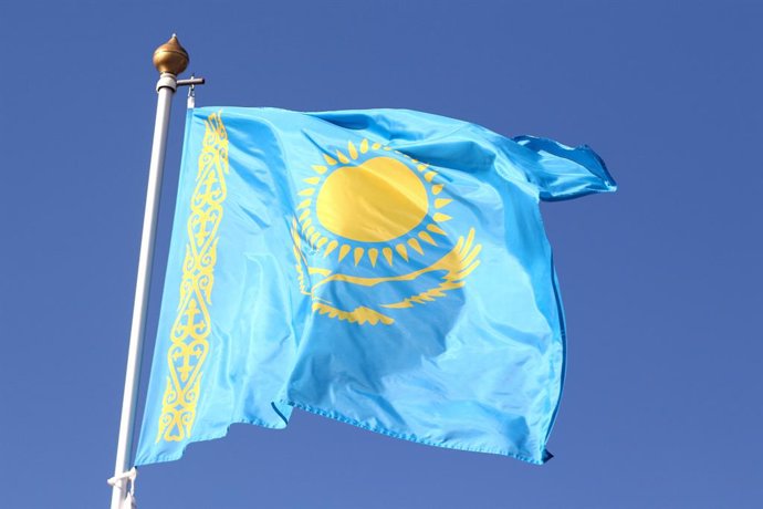 June 9, 2024, Saint Petersburg, Russia: The flag of the Republic of Kazakhstan seen in the gallery of flags of the participating countries in the framework of St. Petersburg International Economic Forum 2024