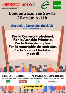 Cartel de la concentración prevista para este jueves 20 de junio ante los servicios centrales del SAS en Sevilla capital.