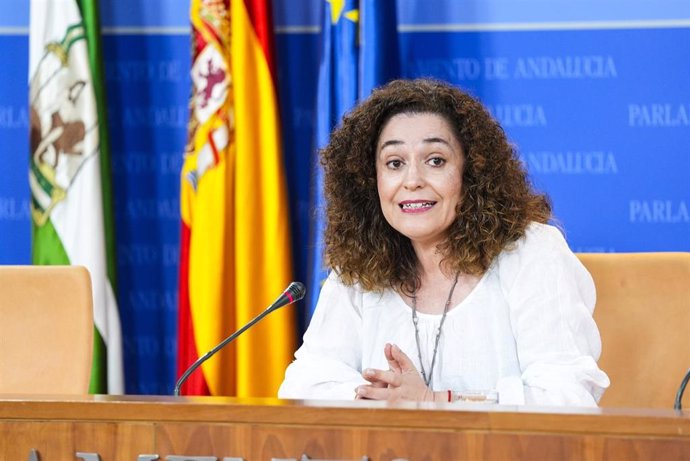 La portavoz del Grupo Por Andalucía, Inma Nieto, este miércoles en rueda de prensa en el Parlamento.  