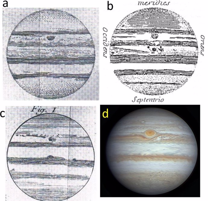 Dibujos de la Mancha Permanente de Júpiter realizados por Cassini en el siglo XVII (a-c). A modo de comparación, (d) muestra la Gran Mancha Roja actual, tomada por Eric Sussenbach.