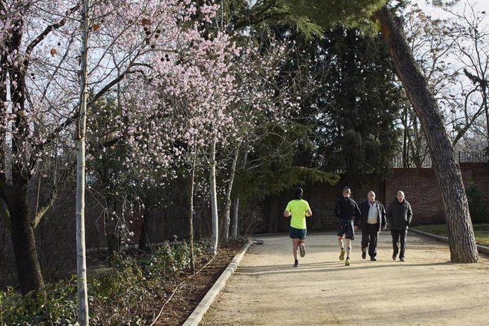 Archivo - Varias personas junto a almendros en flor en el Parque de la Quinta de los Molinos.