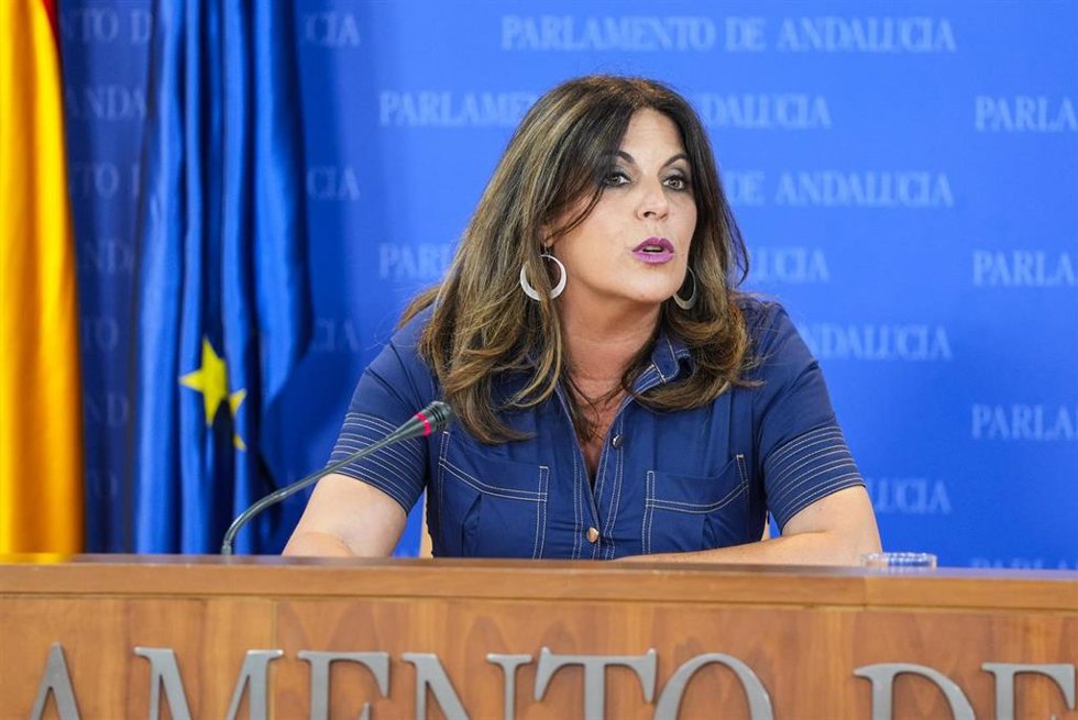 La portavoz del Grupo Parlamentario Socialista, Ángeles Férriz, durante la ronda de ruedas de prensa de portavoces de los grupos parlamentarios en el Parlamento de Andalucía, a 19 de junio de 2024 en Sevilla (Andalucía, España). Los portavoces de los gr