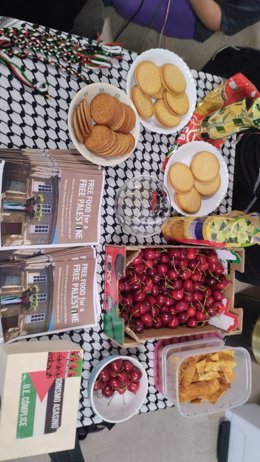 Alimentos y folletos que los estudiantes pro-palestina reparten en la Casa da Balconada.