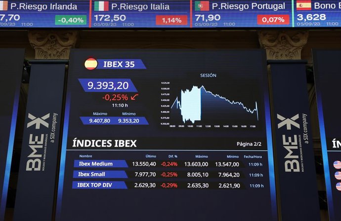 Archivo - Un panel del Ibex 35 en el Palacio de la Bolsa de Madrid, a 5 de septiembre de 2023, en Madrid (España). 