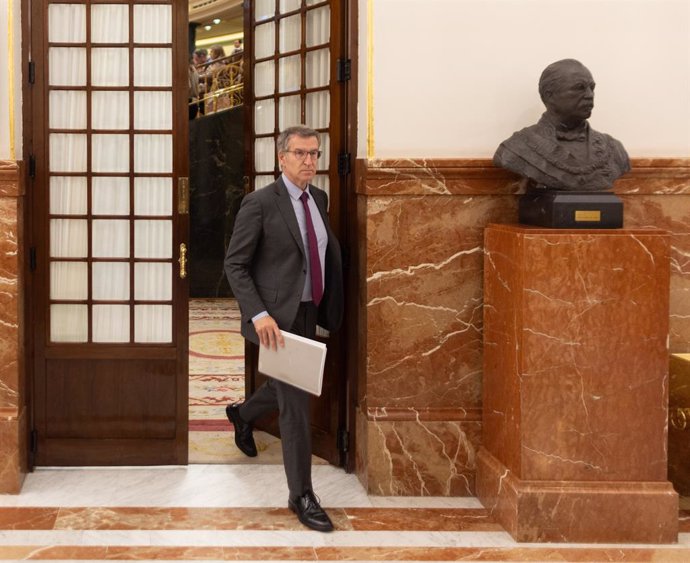 El líder del PP, Alberto Núñez Feijóo, sale de una sesión de control al Gobierno, en el Congreso de los Diputados, a 19 de junio de 2024, en Madrid (España). El Gobierno responde ante el Pleno del Congreso a preguntas de PP, Bildu y Junts sobre la "nueva 