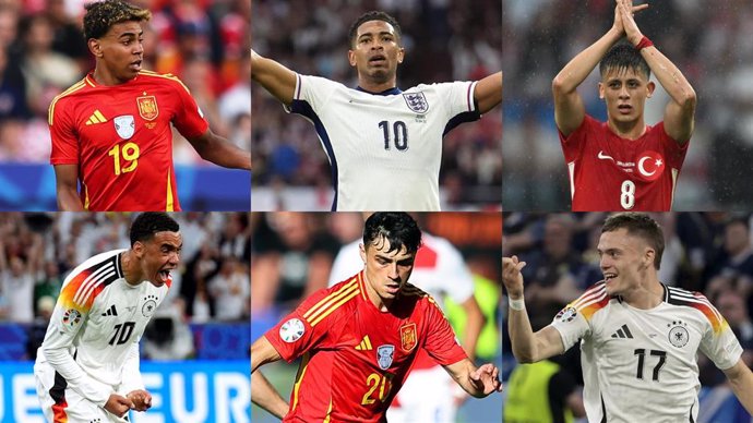 Los futbolistas españoles Lamine Yamal y Pedri González, el inglés Jude Bellingham, los alemanes Florian Wirtz y Jamal Musiala, y el turco Arda Güler, en la Eurocopa 2024.