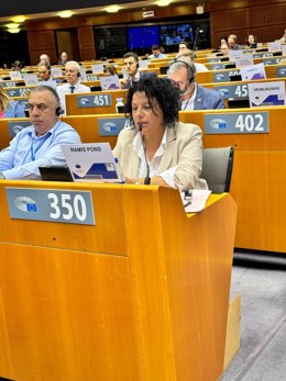 La directora general de Relaciones Institucionales y con el Parlament, Xesca Ramis, durante su intervención en el Comité Europeo de las Regiones.