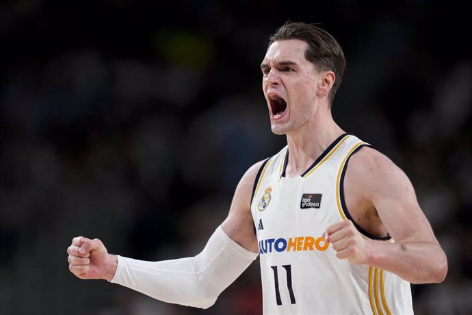 Mario Hezonja of Real Madrid celebrates during the spanish league, Liga ACB Endesa Semifinal 2, basketball match played between Real Madrid and FC Barcelona at Wizink Center on May 31, 2024 in Madrid, Spain.