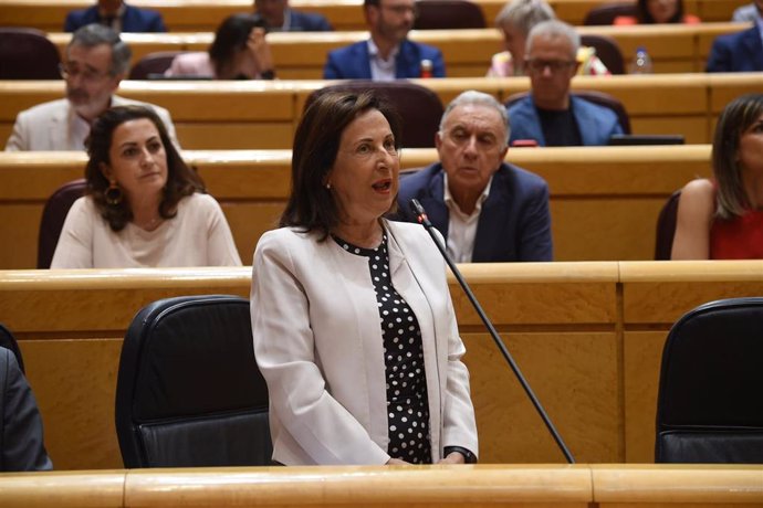 La ministra de Defensa, Margarita Robles, durante una sesión de control al Gobierno, en el Senado, a 4 de junio de 2024, en Madrid (España).