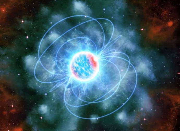 Impresión artística de una estrella de neutrones, mostrada como una esfera azul y roja brillante con rasgos parecidos a chispas que salen volando de ella.