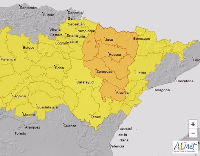 Mapa del aviso por lluvias y tormentas en Aragón.