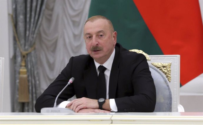 Archivo - April 22, 2024, Moscow, Moscow Oblast, Russia: Azerbaijan President Ilham Aliyev delivers remarks during an event hosted by Russian President Vladimir Putin to celebrate the 50th anniversary of the construction start of the Baikal-Amur railway l