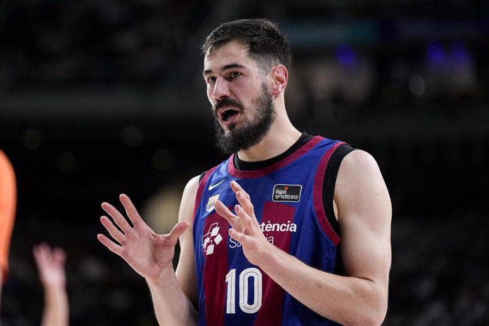 Nikola Kalinic of FC Barcelona gestures during the spanish league, Liga ACB Endesa Semifinal 2, basketball match played between Real Madrid and FC Barcelona at Wizink Center on May 31, 2024 in Madrid, Spain.