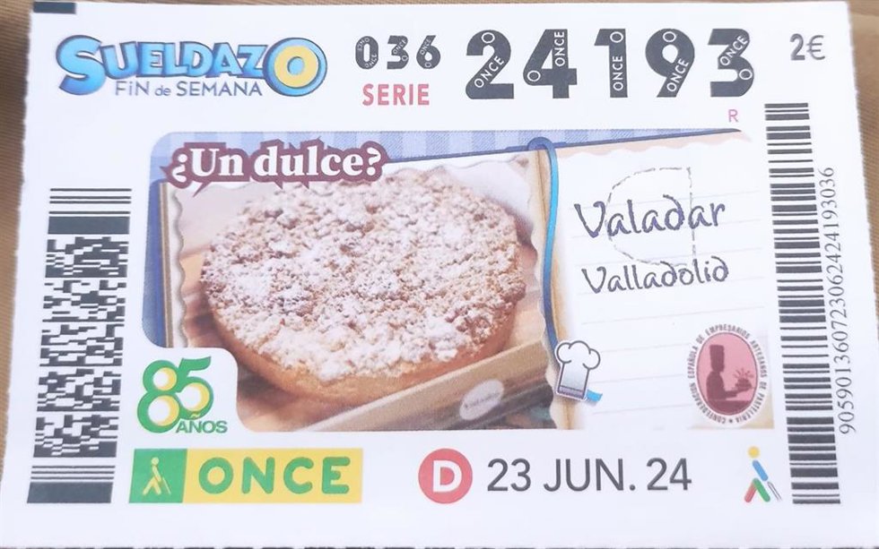 Imagen del cupón de la ONCE de este domingo con el Valadar, un dulce de la provincia de Valladolid