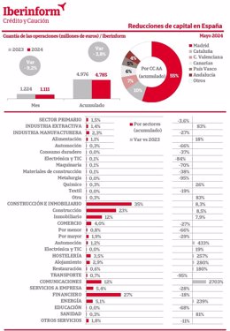 El importe de las reducciones de capital disminuyó un 3,8% hasta mayo, según Iberinform.