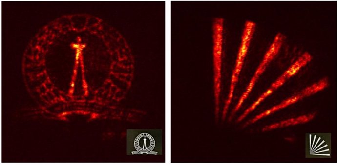 Imágenes representativas convertidas del logotipo y los radios del IISc donde el patrón del objeto a 1550 nm se convierte a una longitud de onda de 622 nm