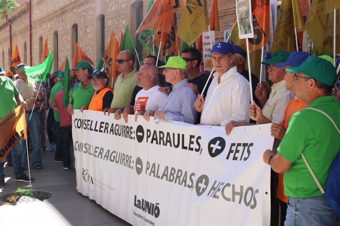 Más de 300 agricultores y ganaderos --convocados por la Unió Llauradora i Ramadera, la Asociación Valenciana de Agricultores (AVA-ASAJA) y CCPV-COAG-- se han concentrado este viernes ante las puertas de la Conselleria de Agricultura