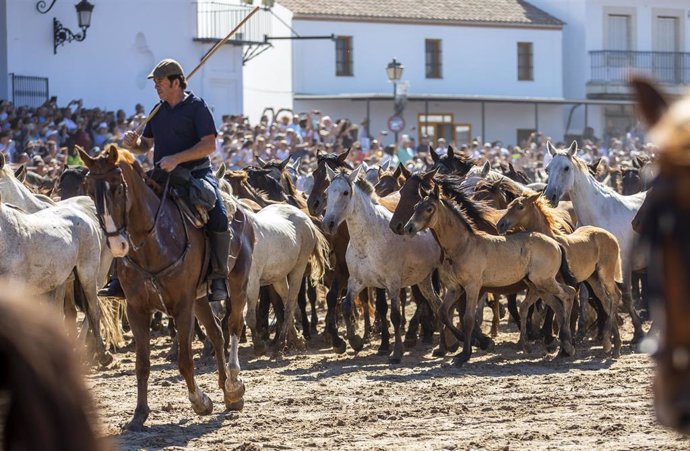 Archivo - La tradicional Saca de las Yeguas de Doñana a su paso por la aldea de El Rocío en una imagen de archivo.