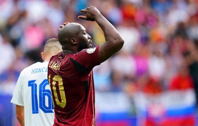 17 June 2024, Hesse, Frankfurt_Main: Belgium's Romelu Lukaku reacts during the UEFA Euro 2024 Group E soccer match between Belgium and Slovakia at the Frankfurt Arena. Photo: Uwe Anspach/dpa