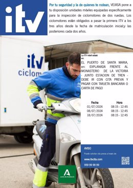 Una dotación móvil de ITV para ciclomotores se desplazará a El Puerto los días 1,8 y 18 de julio.