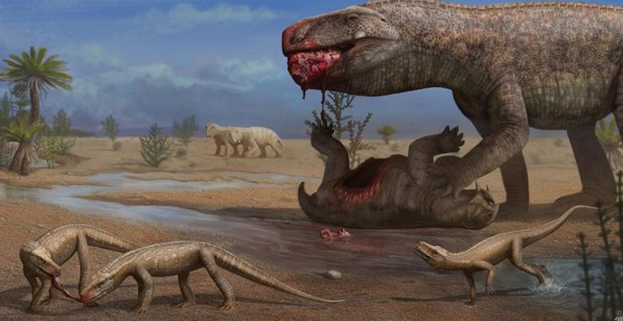 Paisaje del Triásico medio-tardío del sur de Brasil que muestra un gran Prestosuchus chiniquensis alimentándose del cadáver de un dicinodonte mientras individuos de Parvosuchus aurelioi compiten por los restos.