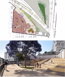 Plano e imagen de los Jardines de Jaume Planas (Barcelona) tras las obras.