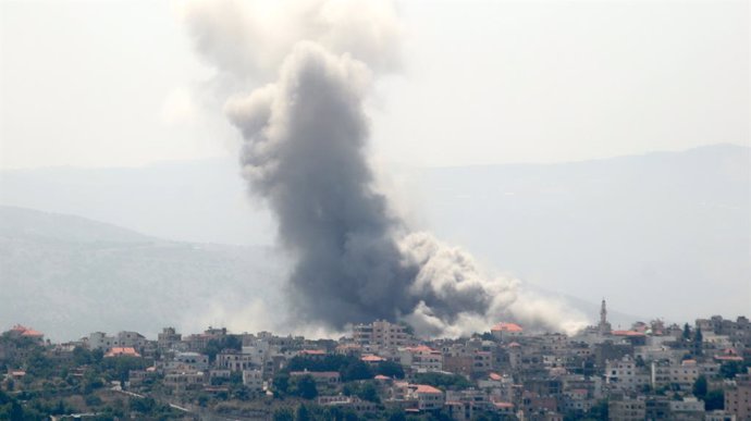 YAROUN, June 20, 2024  -- This photo shows smoke caused by an Israeli strike in Yaroun village in southern Lebanon on June 19, 2024. Three Hezbollah members, including a local official, were killed and four civilians wounded on Wednesday in Israeli air st