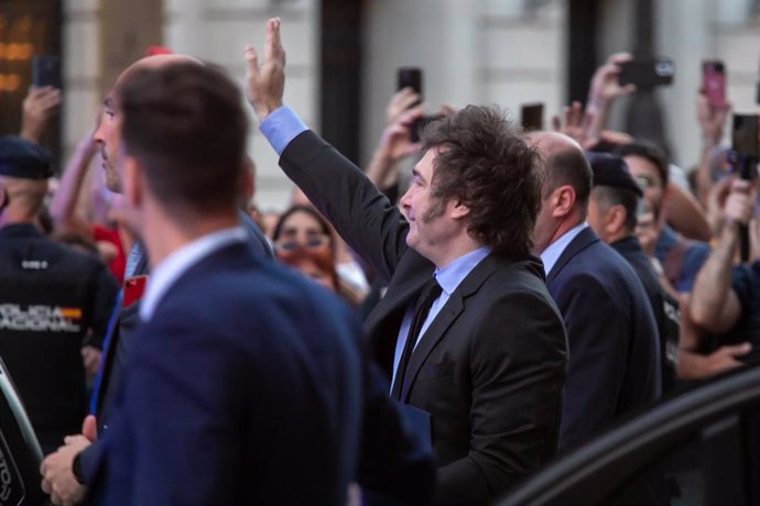 June 21, 2024, Madrid, Spain: The president of Argentina, Javier Milei, greets his supporters this afternoon in Madrid. The president of the Community of Madrid, Isabel Díaz Ayuso, received this afternoon at the Real Casa de Correos, headquarters of the r