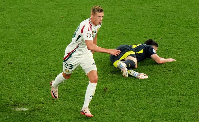 23 June 2024, Baden-Wuerttemberg, Stuttgart: Hungary's Kevin Csoboth celebrates scoring his side's first goal during the UEFA Euro 2024 group A soccer match between Scotland and Hungary at the MHPArena. Photo: Bradley Collyer/PA Wire/dpa