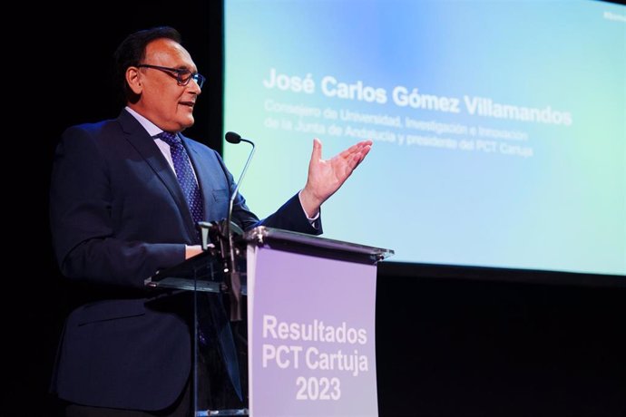 El consejero de Universidad, Investigación e Innovación y presidente del PCT Cartuja, José Carlos Gómez Villamandos, en la presentación del 'Informe de evolución y desarrollo del PCT Cartuja de 2023'.