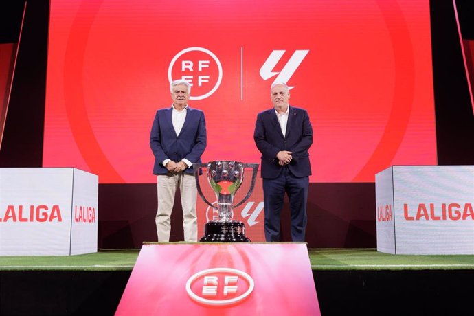 Javier Tebas, President of La liga, and Pedro Rocha, President of the Spanish Football Federation RFEF, are seen during the draw for the 2024/25 LaLiga EA Sports season calendar celebrated at Ciudad del Futbol on June 18, 2024 in Las Rozas, Madrid, Spain.